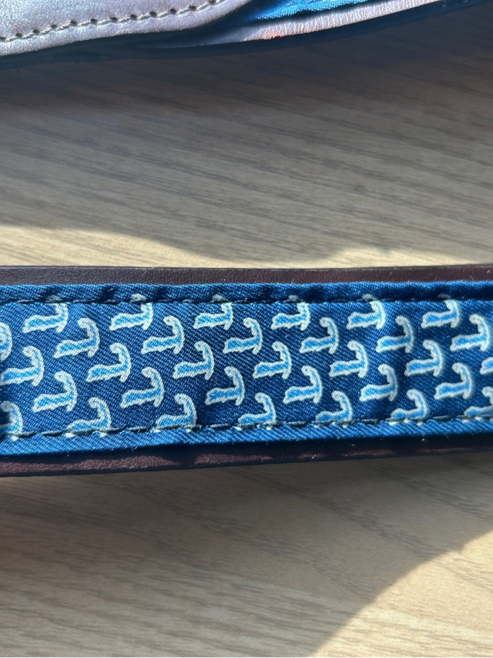 Vintage Vineyard Vines Blue Massachusetts Patterned Leather Belt with Brown Trim